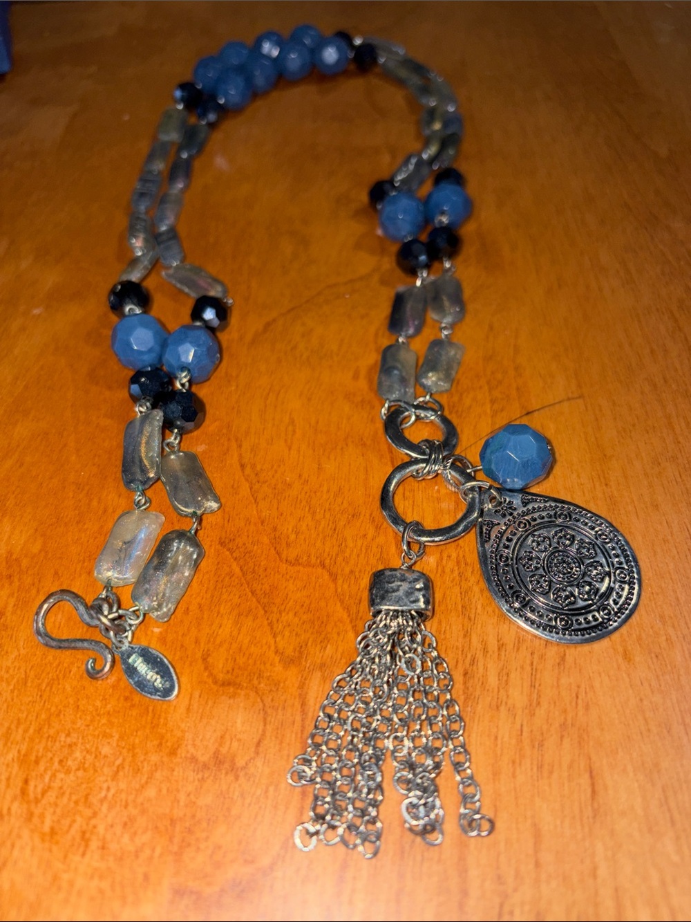 Chico's Blue and Silver Beaded Pendant Necklace with Tassel